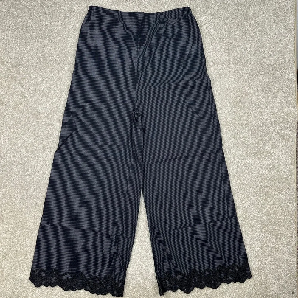 Khaadi Black Striped Wide Leg Pants Eyelet Lace Hem Cotton Blend Trousers